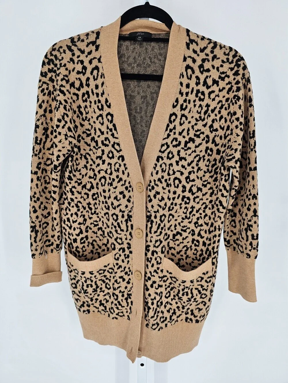 J.Crew V-neck cardigan sweater in leopard jacquard Sz XS Tunic Length